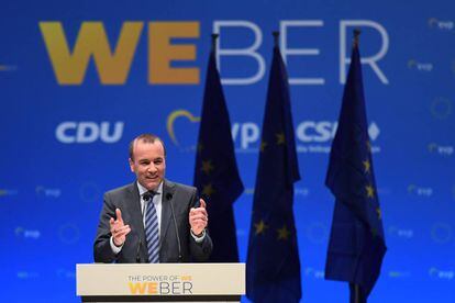 Manfred Weber interviene este viernes en el cierre de campaña electoral en Munich.