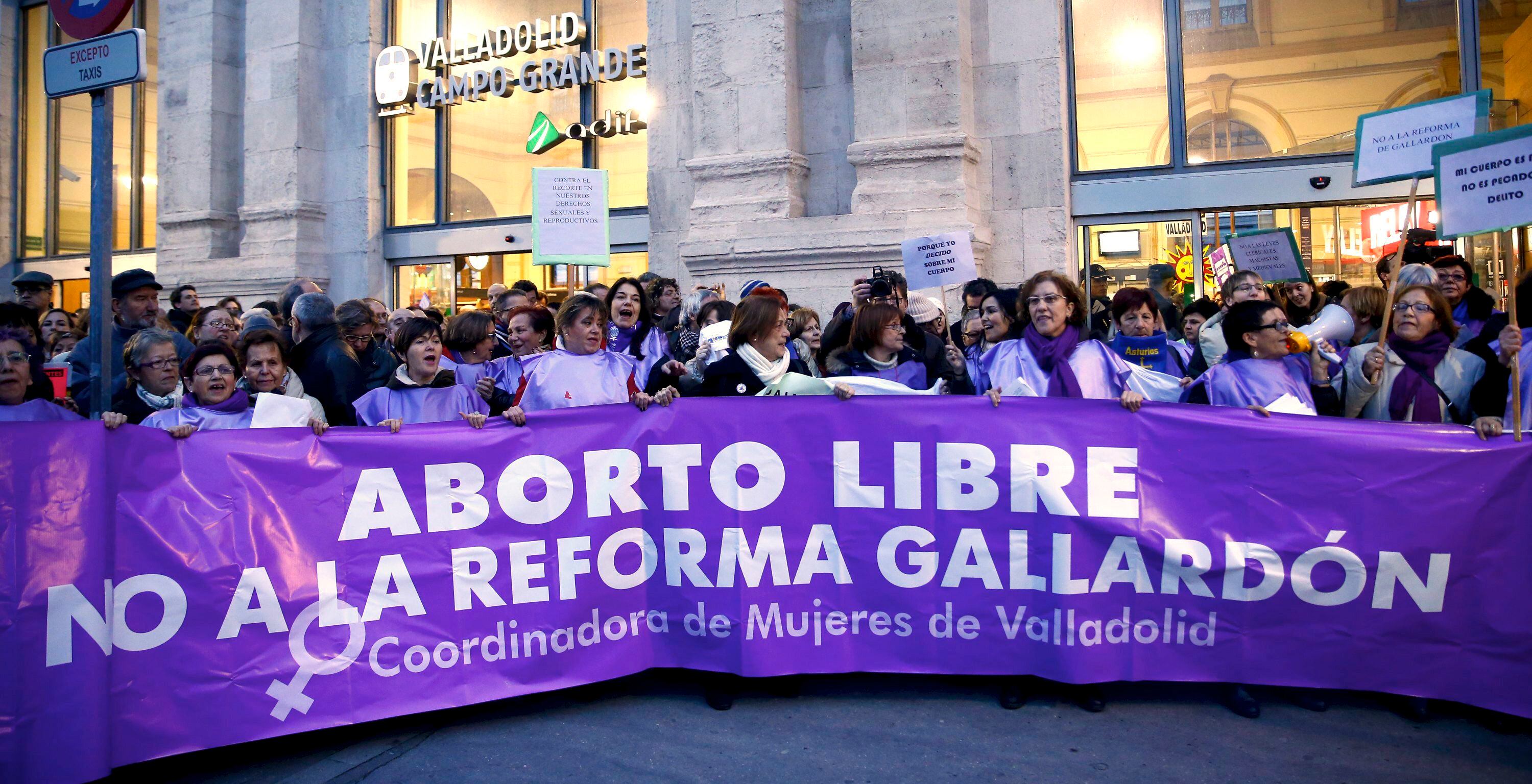 Manifestantes camino de la protesta en contra de la ley del aborto propuesta por el PP, en febrero de 2014 en Madrid. 
