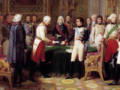 Pintura de Nicolas Gosse que muestra a Napoleón con un embajador austriaco en 1808. Entre ambos se sitúa Talleyrand.