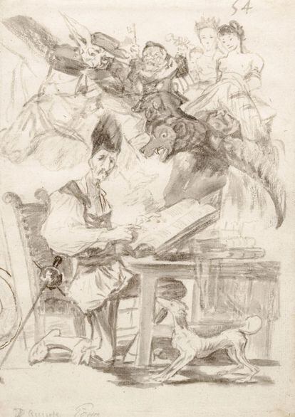 'Don Quijote acosado por monstruos'. Francisco de Goya. Dibujo a pincel en tinta gris-sepia y aguada.