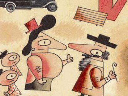 “¡Caramba, don Jerónimo! Está usted muy cambiado?’ ‘Es que no soy don Jerónimo’. ‘Pues más a mi favor”, ilustración de Tono para la portada del primer número de'La Codorniz', del 8 de junio de 1941.