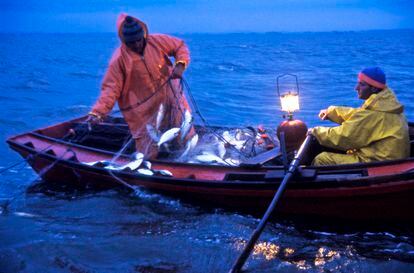 File image of two fishermen in Lake Rocha, in the Department of Rocha (Uruguay).