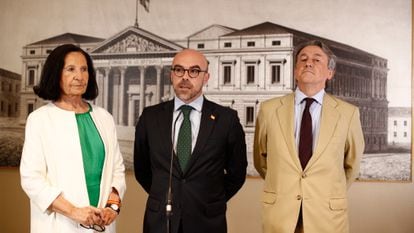 Desde la izquierda, Mazaly Aguilar, Jorge Buxadé y Hermann Tertsch, en el Congreso de los Diputados, en 2019.