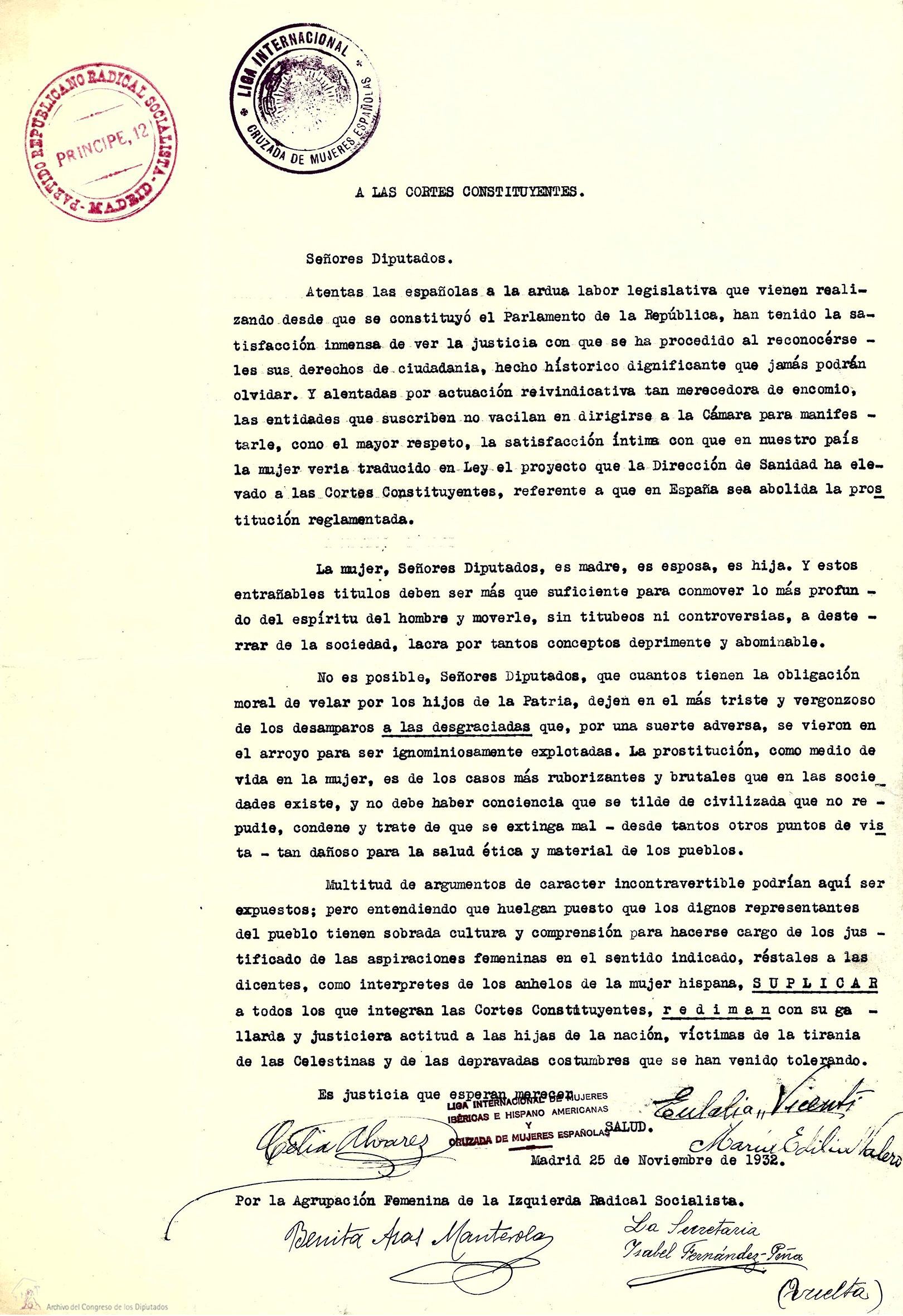 Carta dirigida por asociaciones de mujeres a las Cortes en 1932 para pedir la abolición de la prostitución.