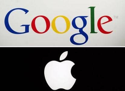 Logos de Google y Apple durante una presentación en Nueva York.