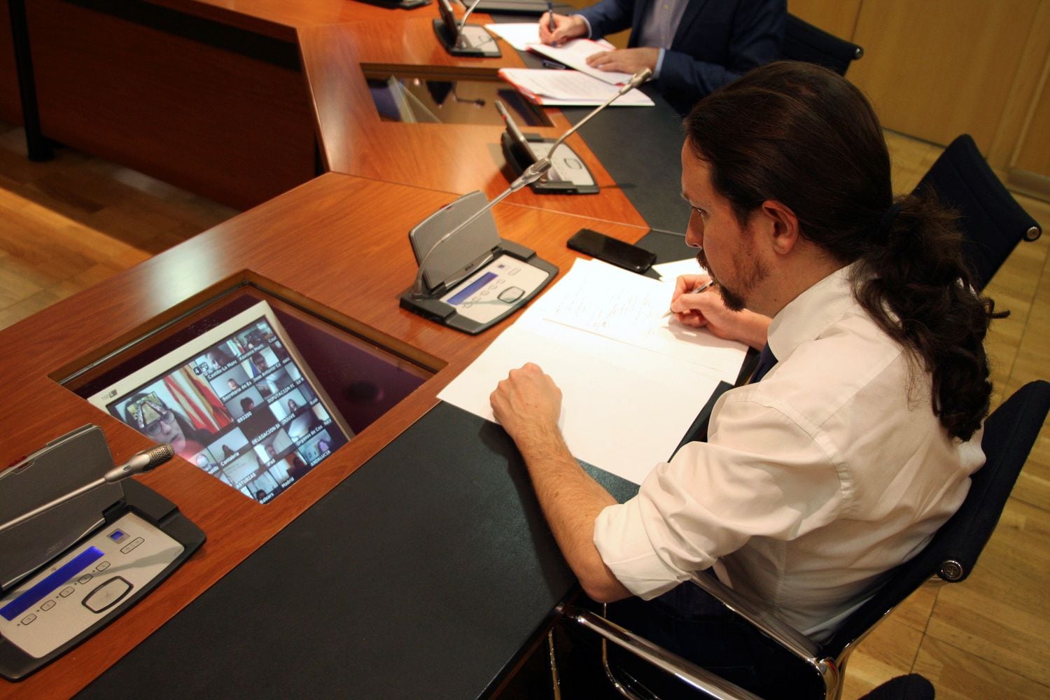 Pablo Iglesias, el 20 de marzo en una reunión telemática con las comunidades autónomas.