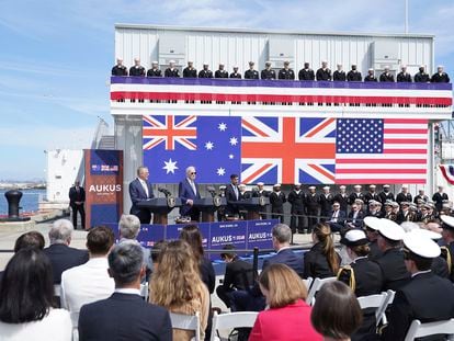 Britain's Prime Minister Rishi Sunak, right, meets with US President Joe Biden and Prime Minister of Australia Anthony Albanese, left, at Point Loma naval base in San Diego, US, Monday March 13, 2023, as part of Aukus, a trilateral security pact between Australia, the UK, and the US. (Stefan Rousseau/Pool via AP)