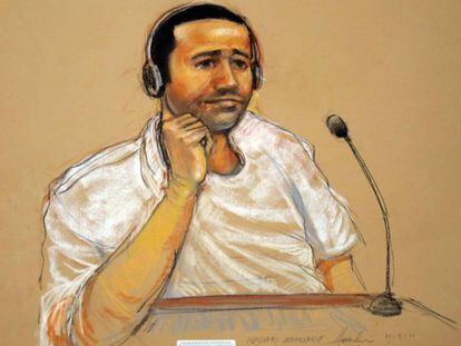 Un dibujo de Nashiri durante la audiencia hoy en la corte de la base de Guantánamo