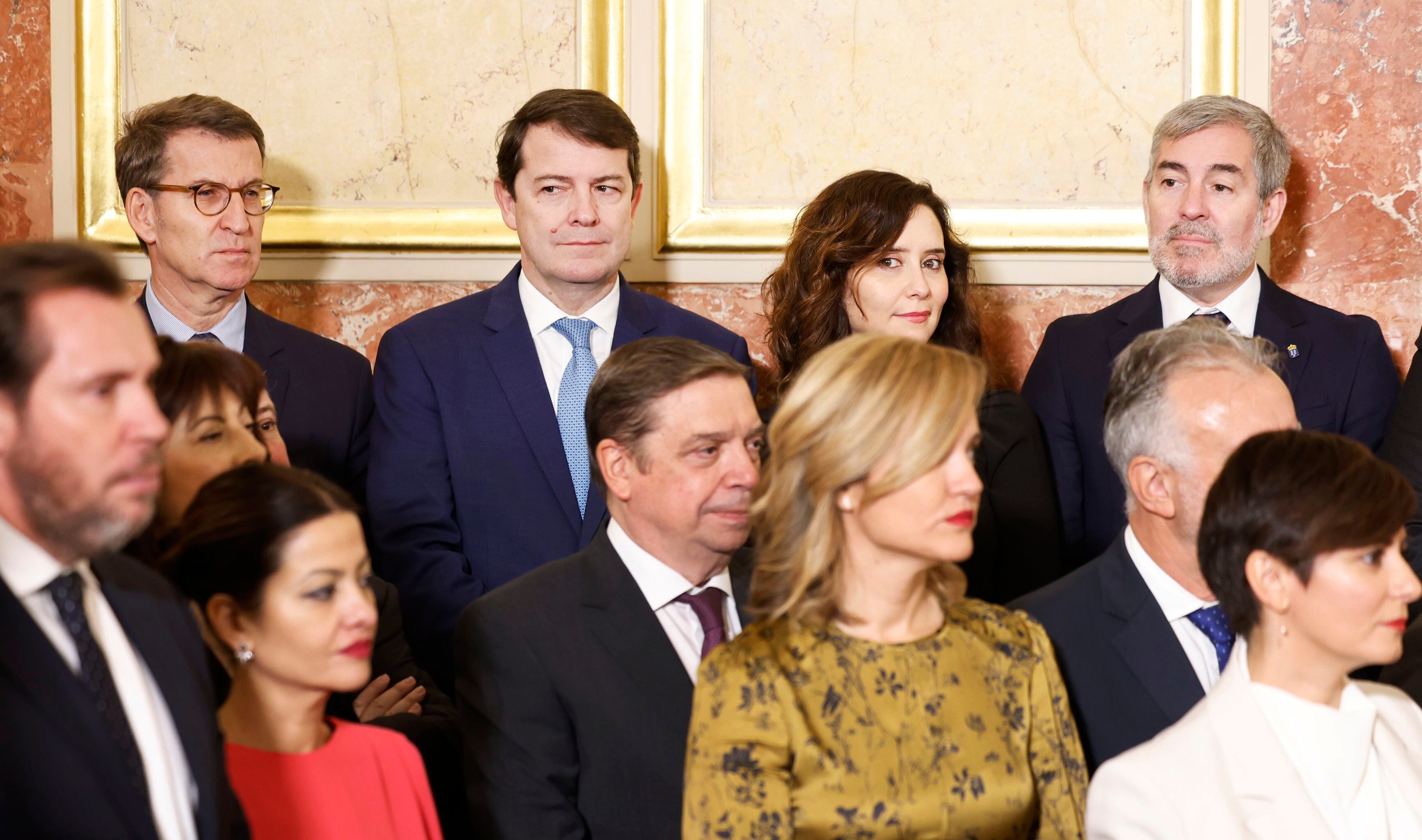 Desde la izquierda, Alberto Núñez Feijóo, líder del PP; Alfonso Fernández Mañueco, presidente de Castilla y León; Isabel Díaz Ayuso, presidenta de la Comunidad de Madrid, y Fernando Clavijo, presidente de Canarias.