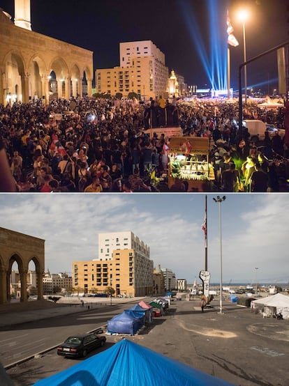 Decenas de miles de manifestantes se reúnen en la céntrica plaza de los Mártires para pedir la dimisión de todos los miembros del Gobierno libanés cinco días después del estallido de las primeras protestas (el 17 de octubre). Abajo, el mismo lugar el 25 de marzo.