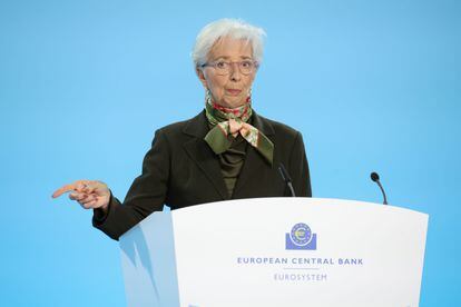 La presidenta del BCE, Christine Lagarde, en la rueda de prensa del pasado febrero