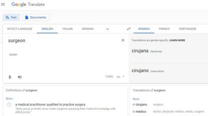 Traducción de Google en la que incorpora el género.