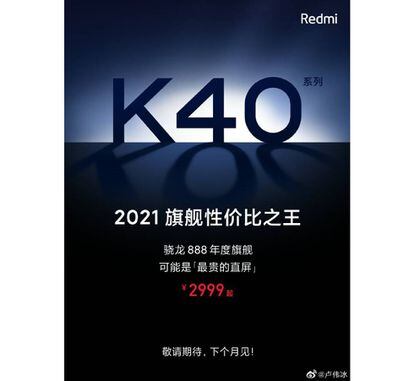 Anuncio de con algunos datos del nuevo Xiaomi Redmi K40.