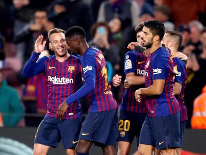 Dembélé celebra el primer gol del partido.