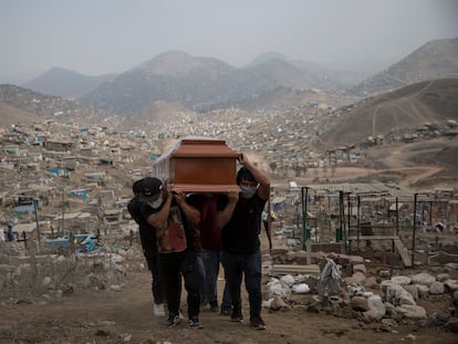 Familiares llevan el ataúd de una presunta víctima de COVID-19 en el cementerio Nueva Esperanza en las afueras de Lima, Perú en 2020.