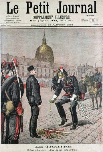 portada de periódico que alude a la condena del capitán Dreyfus (1895). 