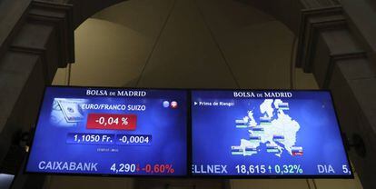 Variaciones de la prima de riesgo reflejadas en la Bolsa de Madrid, este martes.