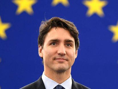 El primer ministro canadiense, Justin Trudeau, en Bruselas el d&iacute;a de la firma del CETA.