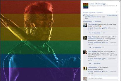 P&aacute;gina de Arnold Schwarzenegger en Facebook, con una imagen de Terminator y los colores del arco&iacute;ris.