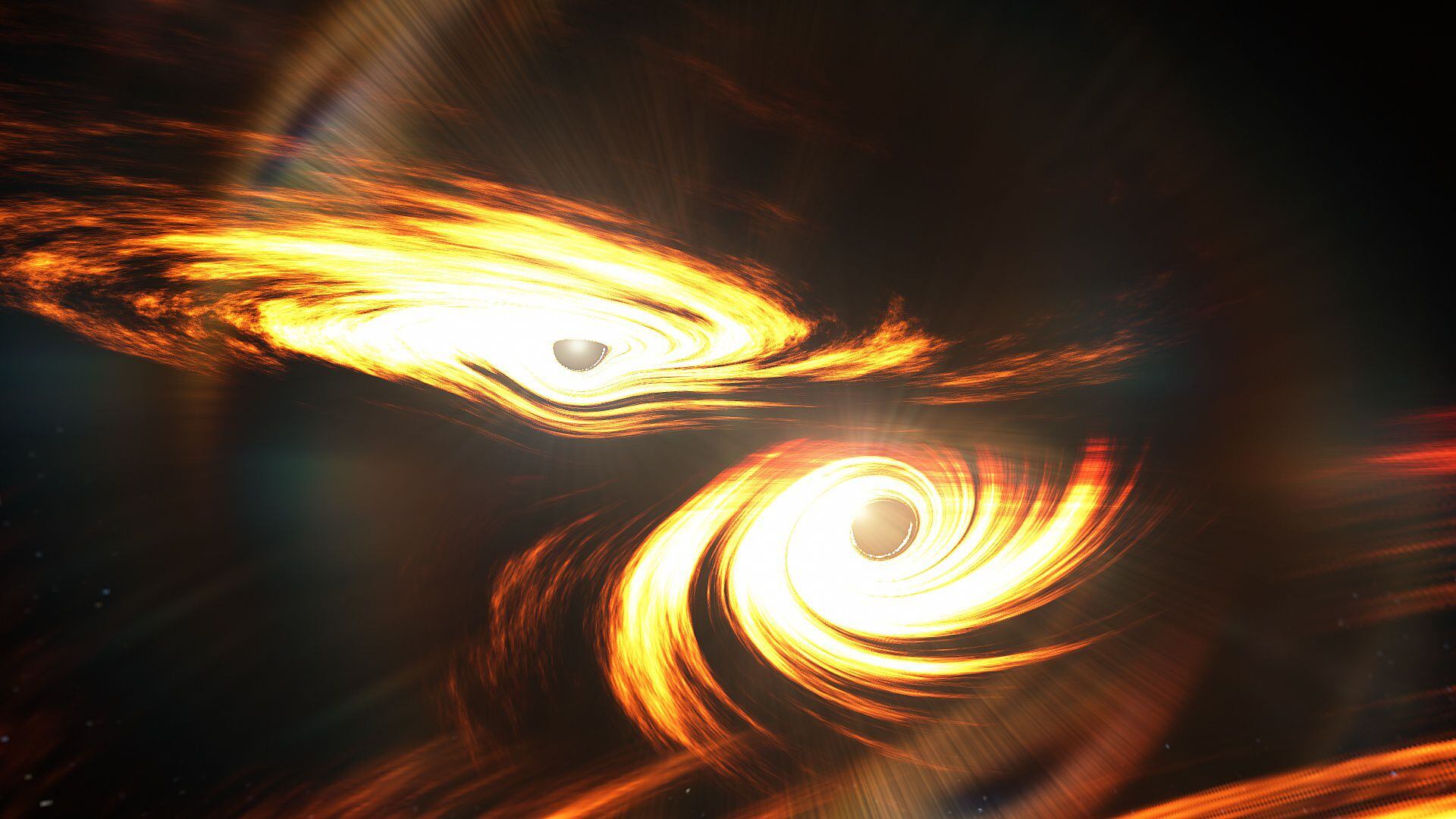 Representación de dos agujeros negros antes de chocar y fusionarse.