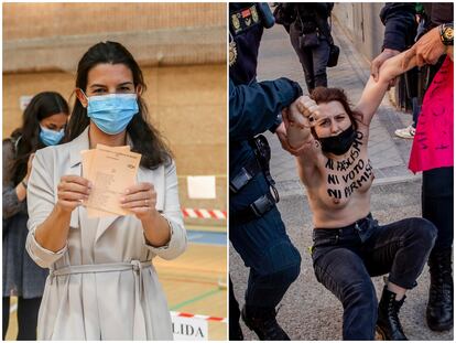 La candidata de Vox a la Presidencia de la Comunidad de Madrid, Rocío Monasterio, muestra su papeleta de Vox antes de ejercer su derecho a voto. A la derecha, la Policía detiene a una activista de Femen durante su protesta ante el colegio electoral de Monasterio.