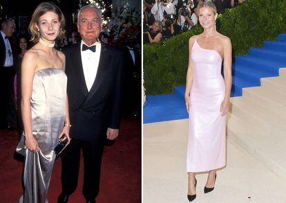El estilo en ocasiones ñoño que Gwyneth Paltrow llevaba sobre las alfombras rojas de comienzos de los 90 se ha depurado con los años. A la derecha, en la gala MET del año pasado.