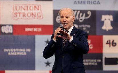 US President Joe Biden presents his administration's new budget proposals during an event at the Finishing Trades Institute on Thursday.