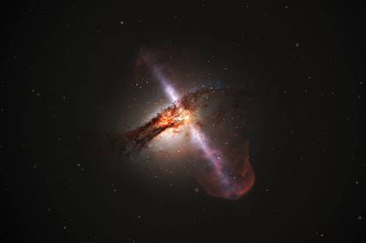Ilustración de una galaxia con los chorros de un agujero negro supermasivo