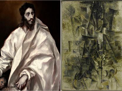 A la izquierda, San Bartolomé', (1610-1614), el Greco, Toledo, Museo del Greco. Cortesía del Museo del Prado. A la derecha, 'Acordeonista' (1911), de Pablo Picasso, Nueva York, Solomon R. Guggenheim Museum. '