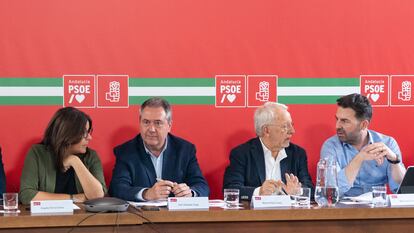 El secretario general del PSOE de Andalucía, Juan Espadas, en el centro, junto a la portavoz del PSOE, Ángeles Ferrez, el presidente del PSOE Andaluz, Manuel Pezzi (primero por la derecha), y el secretario Organización, Noel López, en la Comisión Ejecutiva del 30 de mayo.
