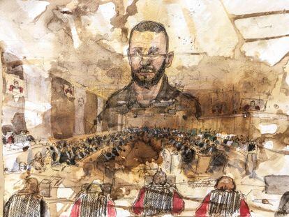 Dibujo del 29 de junio, día del veredicto, en el que la imagen del acusado Salah Abdeslam está impresa sobre una vista general de la sala donde se celebró el juicio.