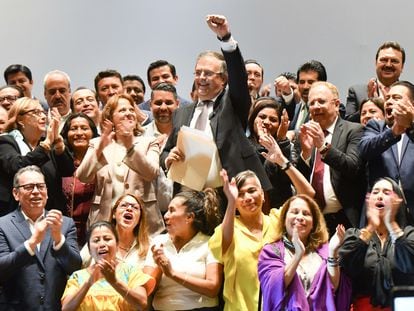 Marcelo Ebrard durante el anuncio de su próxima renuncia a la secretaría de relaciones Exteriores, el 6 de junio en Ciudad de México.