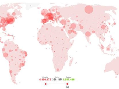 Mapa con los infectados, muertos y curados por coronavirus.