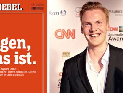 Portada del número de 'Der Spiegel' en el que se relata el fraude de Claas Relotius (a la derecha), tomada al recibir un premio de la CNN. 