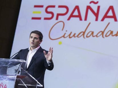 El líder de Ciudadanos, Albert Rivera, durante la presentación de "España Ciudadana" este domingo en Madrid.