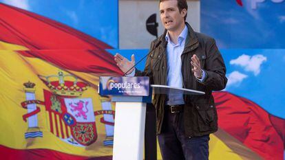 El presidente del PP Pablo Casado, durante un acto de partido en Cartagena.