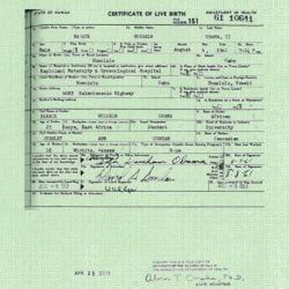 Imagen del certificado de nacimiento del presidente Barack Obama