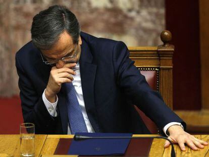 El primer ministre grec, Andonis Samaràs, aquest dilluns durant la votació presidencial definitiva.