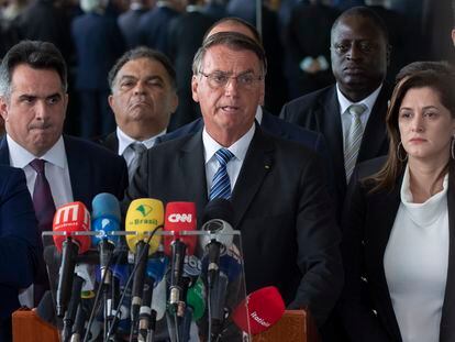 El presidente de Brasil, Jair Bolsonaro, este martes en el palacio de Alvorada, su residencia en Brasilia, durante su primer discurdo tras perder las elecciones el domingo.