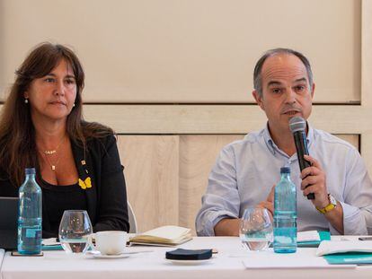 Laura Borràs, presidenta de Junts per Catalunya y Jordi Turull, secretario general de Junts, en un momento de la ejecutiva. / JUNTS PER CATALUNYA