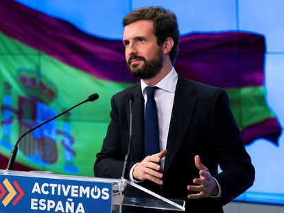 El presidente del Partido Popular, Pablo Casado, durante su discurso en el Comité Ejecutivo Nacional de su partido.