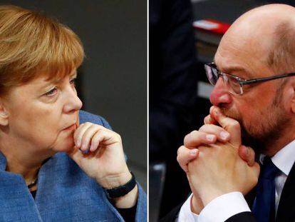 Angela Merkel y Martin Schulz, ayer en un debate en la c&aacute;mara baja del Bundestag, en Berl&iacute;n.