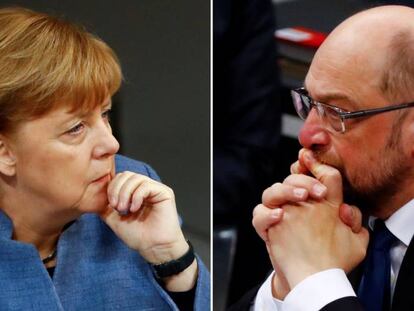 Angela Merkel y Martin Schulz, ayer en un debate en la c&aacute;mara baja del Bundestag, en Berl&iacute;n.