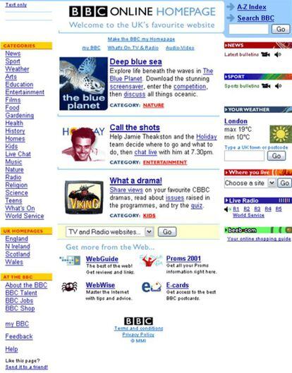 En el año 1999 la página web de la BBC, el servicio público de información de Reino Unido, incluía algunos elementos dinámicos, como el tiempo o el deporte, pero en general se parecía más a una lista de categorías o un buscador que a una página de noticias. Con el paso de los años, las imágenes, los vídeos y el contenido informativo se han convertido en los protagonistas de la web.