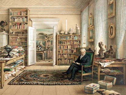 ilustración de la biblioteca de Humboldt en su piso de Berlín.