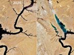 Imágenes por satélite del 17 de abril de 2020 y de 2021 que muestran los efectos de la gran sequía que sufre la cuenca del río Colorado en el lago Powell, en Estados Unidos.