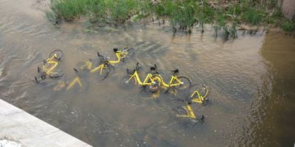 Bicicletas de la empresa OFO arrojadas en el río Manzanares.