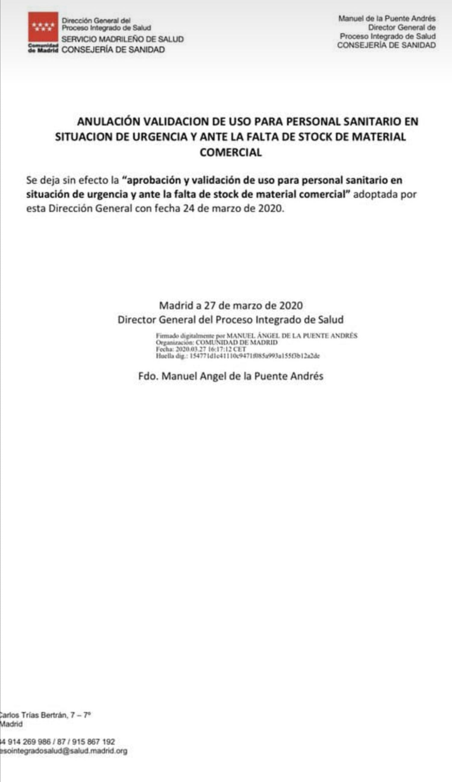 Notificación de la Comunidad de Madrid recibida por los administradores del grupo de Telegram de fabricantes caseros en Madrid.