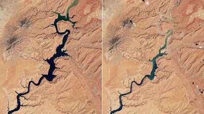Combo formado por dos imágenes del lago Powell en la zona de Castle Butte. A la izquierda, una imagen del 16 de agosto de 2017. A la derecha, el 6 de agosto de 2022.