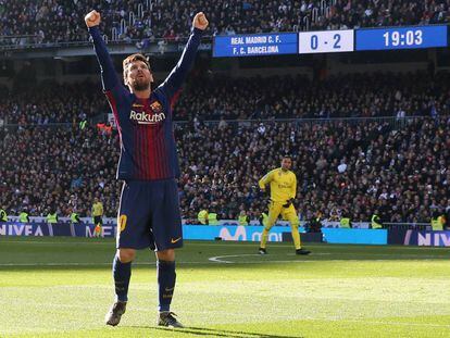 Messi celebra el seu gol al Reial Madrid.